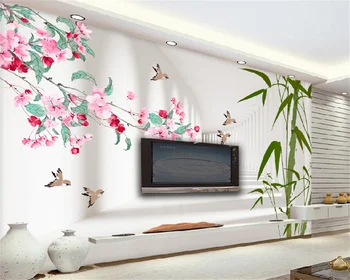 A Modern 3D-s három-dimenziós térben bambusz begonia virágok repülő madarak nappali TV háttér fal lakberendezési háttérkép