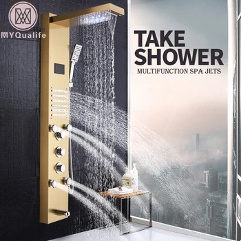 Arany Zuhany Panel LED Fürdőszoba Kád Zuhany Oszlop, Torony Digitális kijelző Vízesés zápor Keverők Forgatás fúvókákkal