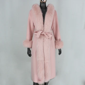 CXFS 2020 Új Pink X-hosszú, Kasmír Gyapjú keverék Igazi Bundát az Öv Téli Kabát Női Természetes Róka Szőrme Gallér Kapucnis Streetwear