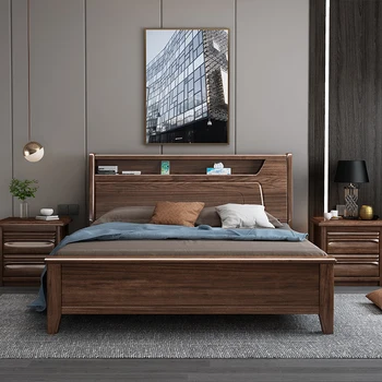 Egyszerű 1,8 m-es Kínai stílusú dió tömör fa ágy bútor légnyomás festék nagy doboz tároló ágy