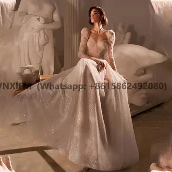 Fényes Csillagom Hercegnő Esküvői Ruha, Hosszú Ujjú Csillogó Tüll Bohém Menyasszony ruhák Vestidos de novia 2022