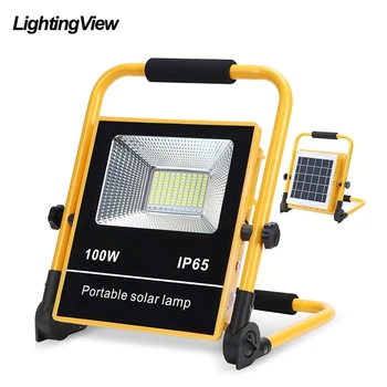 Lightingview 100W Hordozható Kültéri Napelemes Spotlámpa LED munkalámpa Kemping Lámpás, Beépített Újratölthető Lítium Akkumulátor