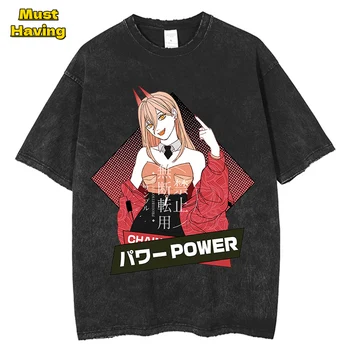 Láncfűrész Ember Hatalom póló Férfi Női Retro Mosott Pamut Felsők Anime Grafikai Tees Alkalmi Túlméretezett Tshirt Harajuku Streetwear