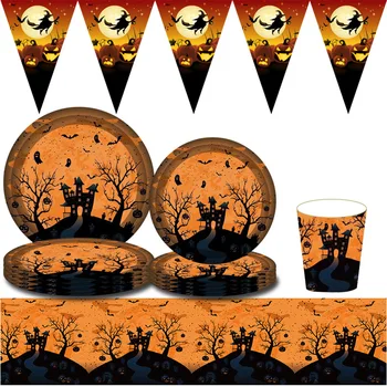 Narancs Fekete Halloween Party Eldobható Evőeszközök Beállítja Halloween Kastély Dekoráció Az Otthoni Étkészlet Papír Tányérok Asztalterítő