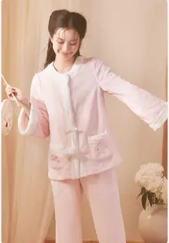 Pizsama téli nők Kínai stílusú pizsama ruha női haza ruházat 3 szín rózsaszín, kék, sárga