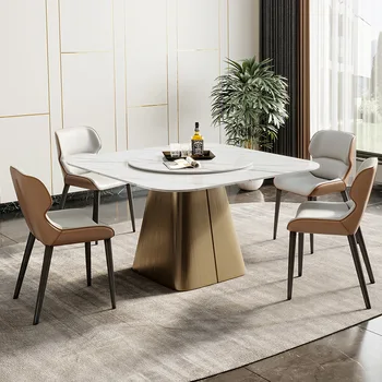 Rock lemez étkező asztal egyszerű, téglalap alakú, világos luxus rozsdamentes acél étkező asztal, székek, high-end villa bútorok