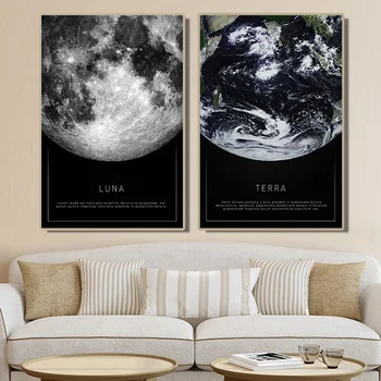 Vászon Festmény Fekete-fehér poszter a hold a Föld az űrből nappali dekoráció, fali Skandináv festmény
