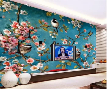 wellyu Szabott nagy háttérkép, 3d Kínai virágok, madarak háttér fali dekoráció festés nappali, hálószoba háttérkép