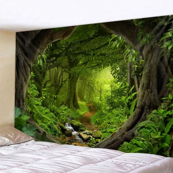 Zöld Dzsungel Gobelin Gyönyörű Természetes Erdő Nagy Falra Hippi Bohém Mandala Wall Art Haza Nappali Dekoráció