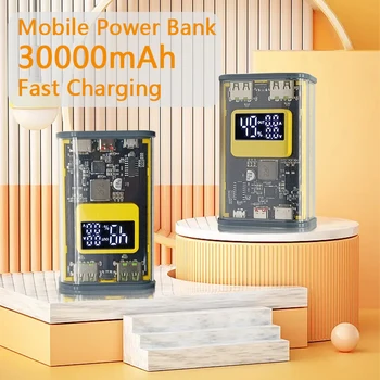 Új 30000mAh Nagy Kapacitású Mini Power Bank 100W PD Szuper Gyors Töltés Állni Átlátszó Divatos Power Bank LED