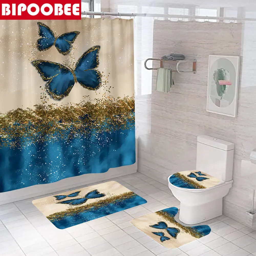 Kék Pillangó Fürdőszoba Függöny Szett Arany Csillogó Márvány zuhanyfüggöny 3D Nyomtatás Fürdő Wc Szőnyeg Fedél Fedél Csúszásmentes Szőnyeg