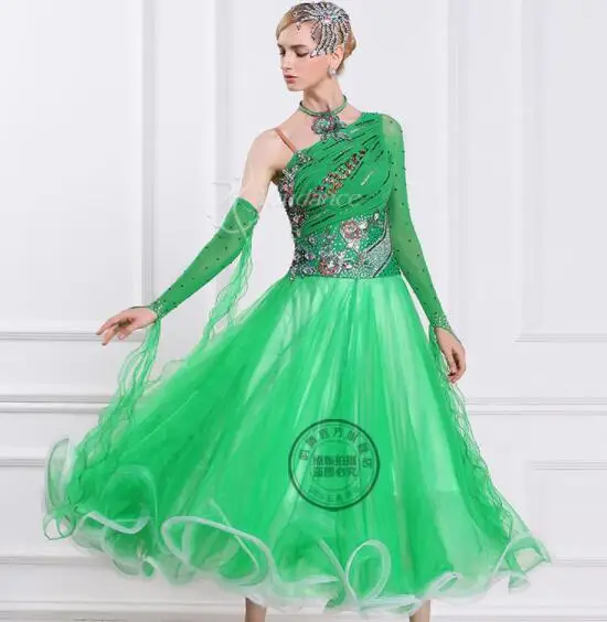 testre elegáns zöld puff foxtrott Keringő, tango, salsa verseny társastánc ruha Virág